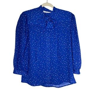 Vintage 80s Josephine Royal Blue Geometric Patterned Tie Bow Blouse Size 12
